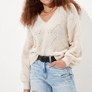 American Eagle Chenille Pointelle V-Neck Sweater Cream